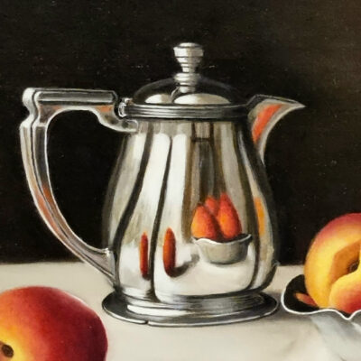 Anne Songhurst Art at Norton Way Gallery Hertfordshire. This beautiful oil painting is an original artwork by British artist Anne Songhurst. It is a still life painting, depicting three nectarines plate. This is accompanied by a silver knife and jug. It is framed in a dark wood frame.