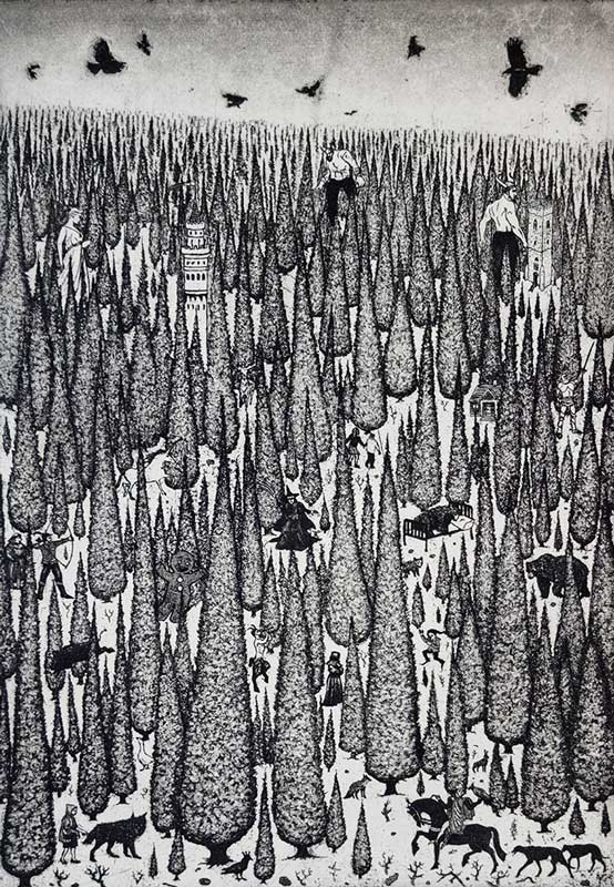 ’Tales of the Forest’ is a narrative etching which takes its inspiration from popular fairytales. Through a series of visual snippets, we see a number of characters and animals inhabiting a magical forest.