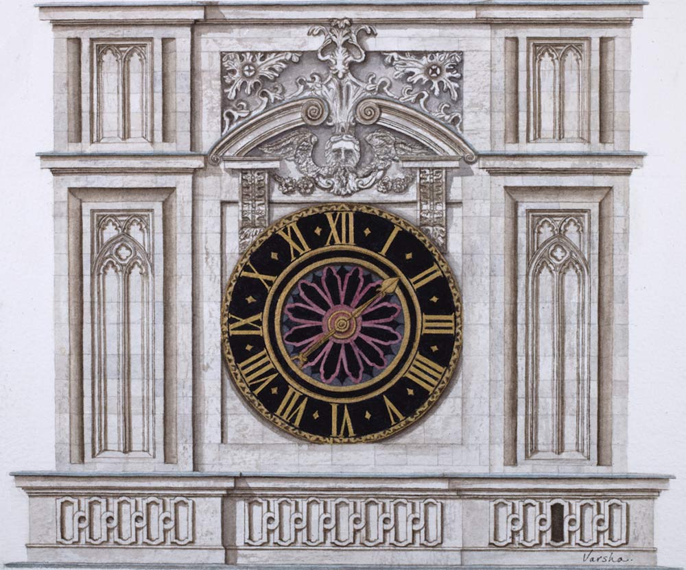 Westminster Abbey Clock by Varsha Bhatia. This original artwork from Varsha Bhatia is painted in watercolour. It depicts the clock face of London's Westminster Abbey. It is exhibited at Norton Way Gallery Hertfordshire. This is an original painting by Varsha Bhartia.