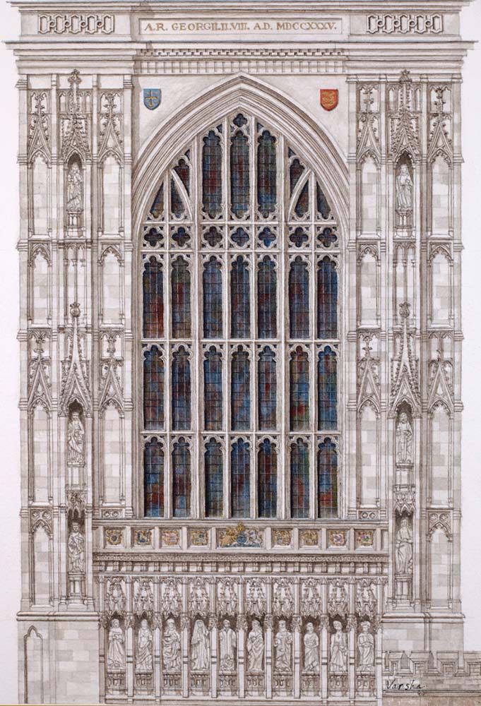 Westminster Abbey Window by Varsha Bhatia. This original artwork from Varsha Bhatia is painted in watercolour. It depicts an arched stained glass window of London's Westminster Abbey. It is exhibited at Norton Way Gallery Hertfordshire. This is an original painting by Varsha Bhartia.