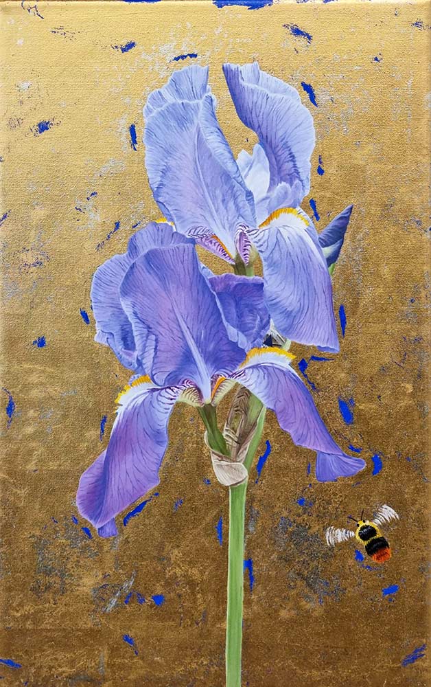 Clive Meredith at Norton Way Gallery Hertfordshire. Beautiful, original oil and gold leaf botanical painting.