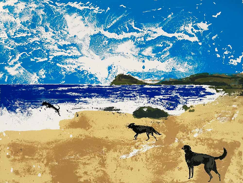 Tim Southall at Norton Way Gallery, Hertfordshire. This original artwork by British artist, Tim Southall is an original etching. It depicts two dogs running on the beach.