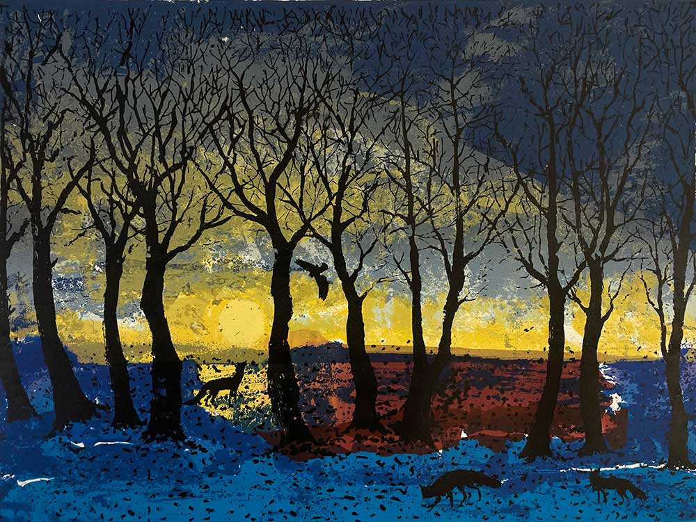Tim Southall at Norton Way Gallery, Hertfordshire. This original artwork by British artist, Tim Southall is an original etching. It depicts an owl and wolves in colourful moonlight.