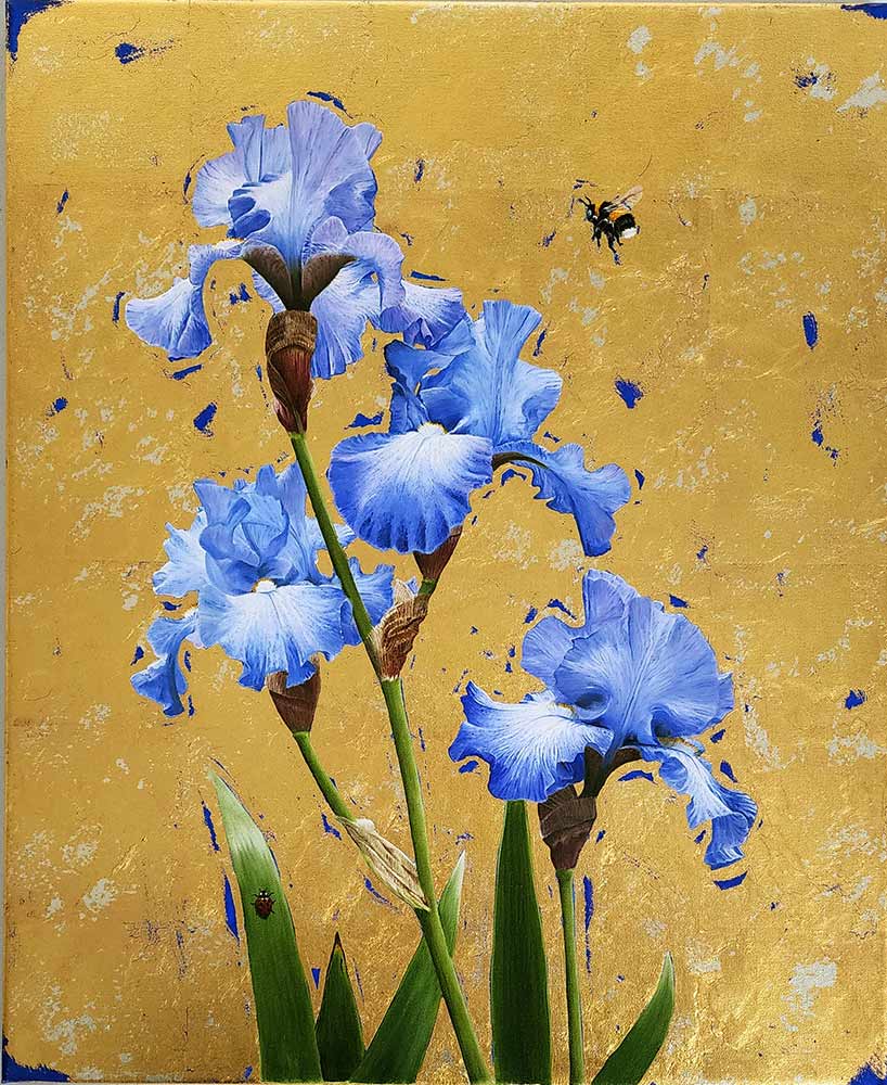 Clive Meredith at Norton Way Gallery Hertfordshire. Beautiful, original oil and gold leaf botanical painting.