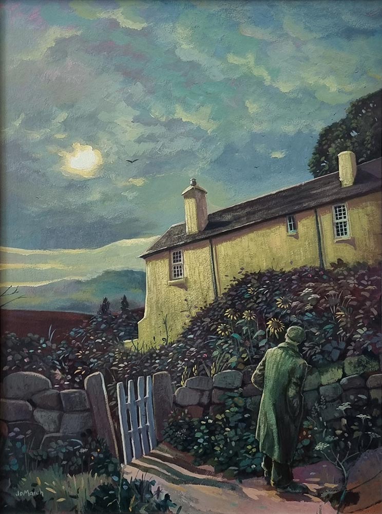 Jo March at Norton Way Gallery. This is an atmospheric and quirky original painting by Jo March. It depicts a moon lit scene with a house and garden, and a man returning from an evening out.