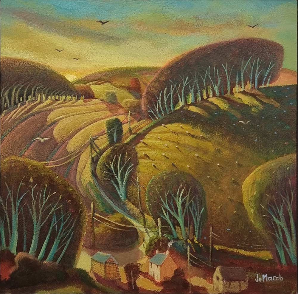Jo March at Norton Way Gallery. This is an atmospheric and quirky original painting by Jo March. It depicts a country scene with a farm in a vallery, sounded by hills and trees. It is an original Jo March art work.