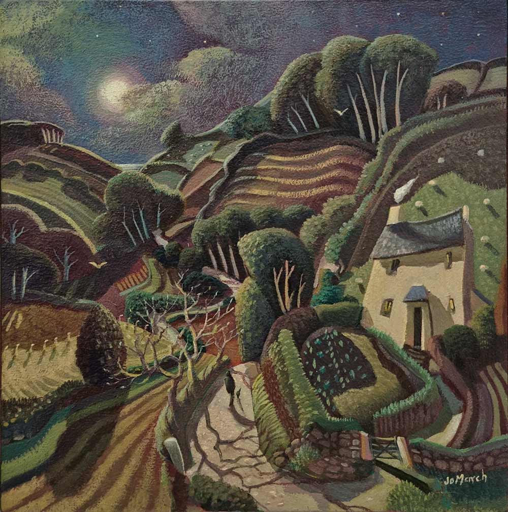 Jo March at Norton Way Gallery. This is an atmospheric and quirky original painting by Jo March. It depicts a moon lit scene with hoses, farms, hills and valleys and trees.