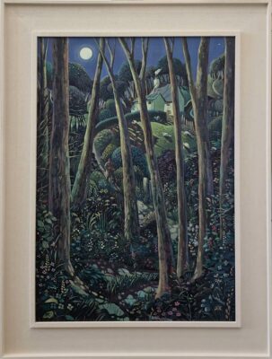 Jo March at Norton Way Gallery. This is an atmospheric and quirky original painting by Jo March. It depicts a moon lit scene with a house on a hill, that can be glimpsed though trees. There is a winding path leading through the woods. A man and dog can be glimpsed on the path.