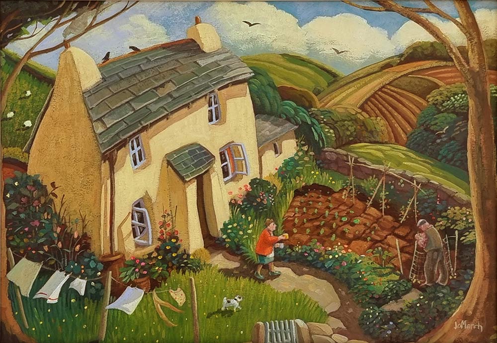 Jo March at Norton Way Gallery. This is an atmospheric and quirky original painting by Jo March. It depicts a country scene with a cottage in a valley, sounded by hills and trees. A woman and dog are attending the peas in her vegetable plot. It is an original Jo March art work.