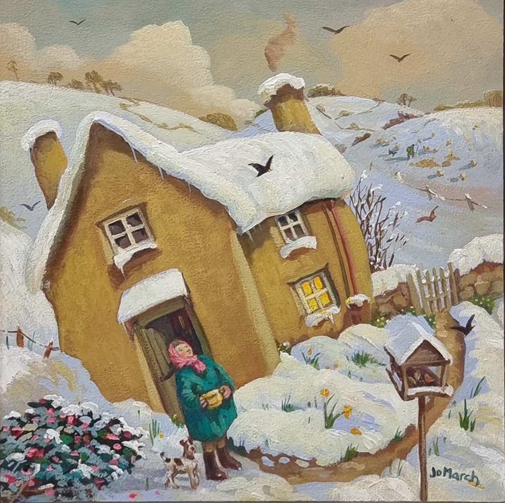 Jo March at Norton Way Gallery. This is an atmospheric and quirky original painting by Jo March. It depicts a snow scene with a house and garden, and a woman and her dog.