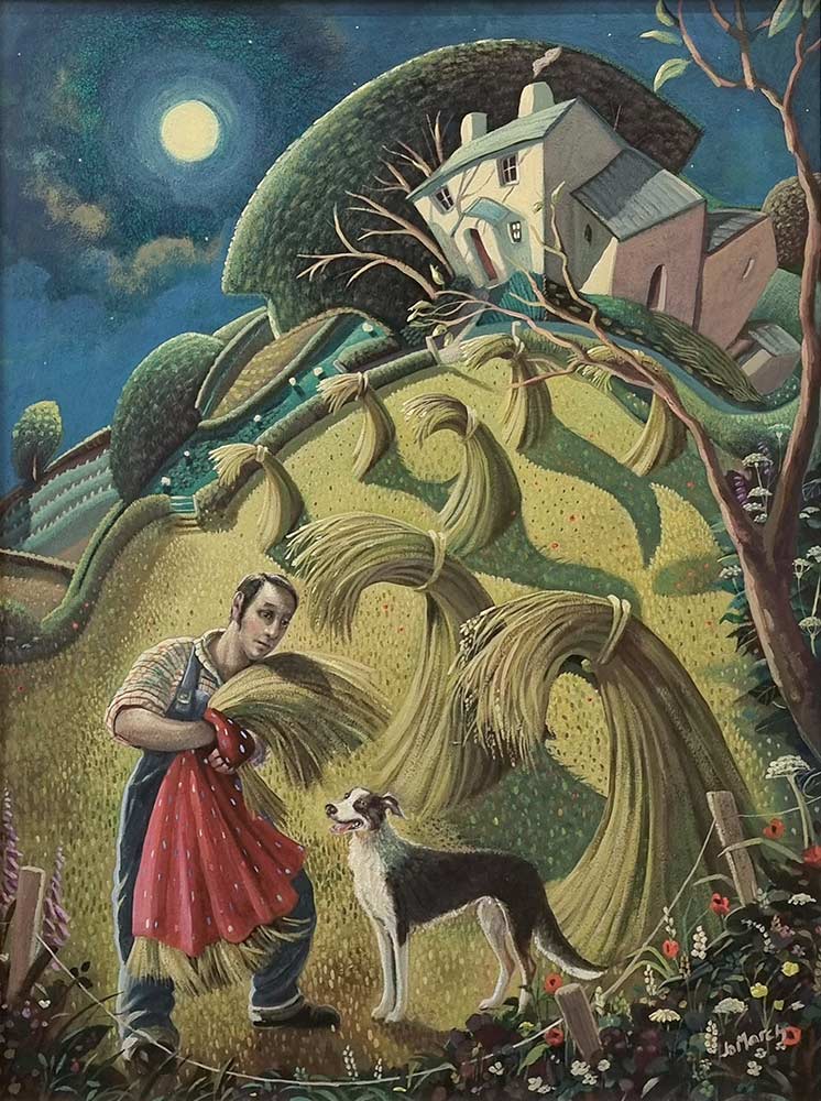 Jo March at Norton Way Gallery. This is an atmospheric and quirky original painting by Jo March. It depicts a country scene with a farm in a valley, surrounded by hills and trees. The moon is out and a farmer is dancing with a hay stook, dressed in a frock. It is an original Jo March art work.