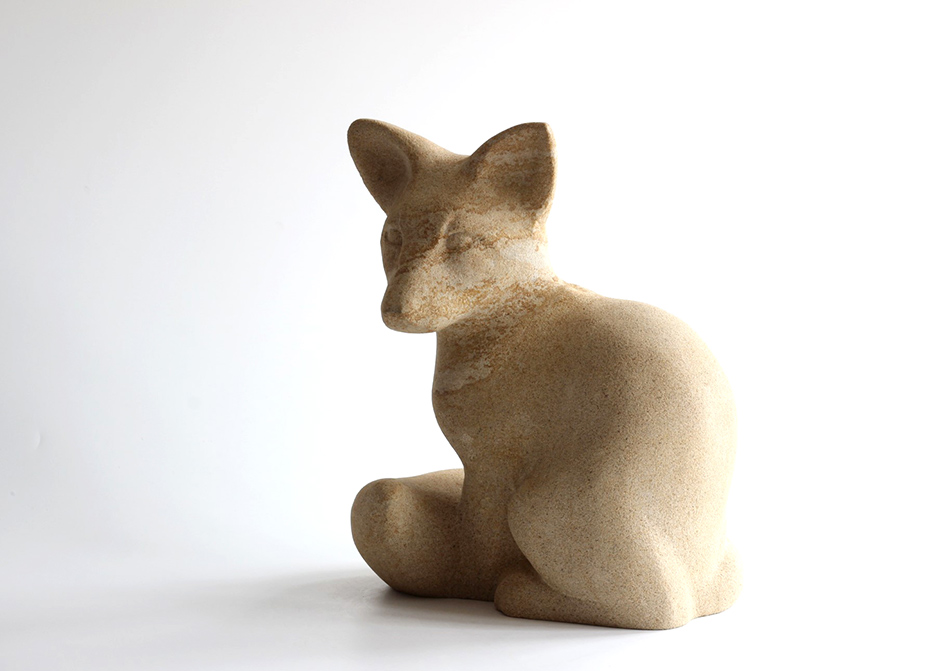Jennifer Tetlow at Norton Way Gallery. A beautiful animal stone carving in Sandstone. This fox sculpture is an original artwork from Jennifer Tetlow.