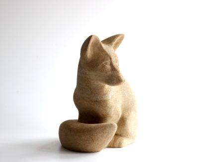 Jennifer Tetlow at Norton Way Gallery. A beautiful animal stone carving in Sandstone. This fox sculpture is an original artwork from Jennifer Tetlow.