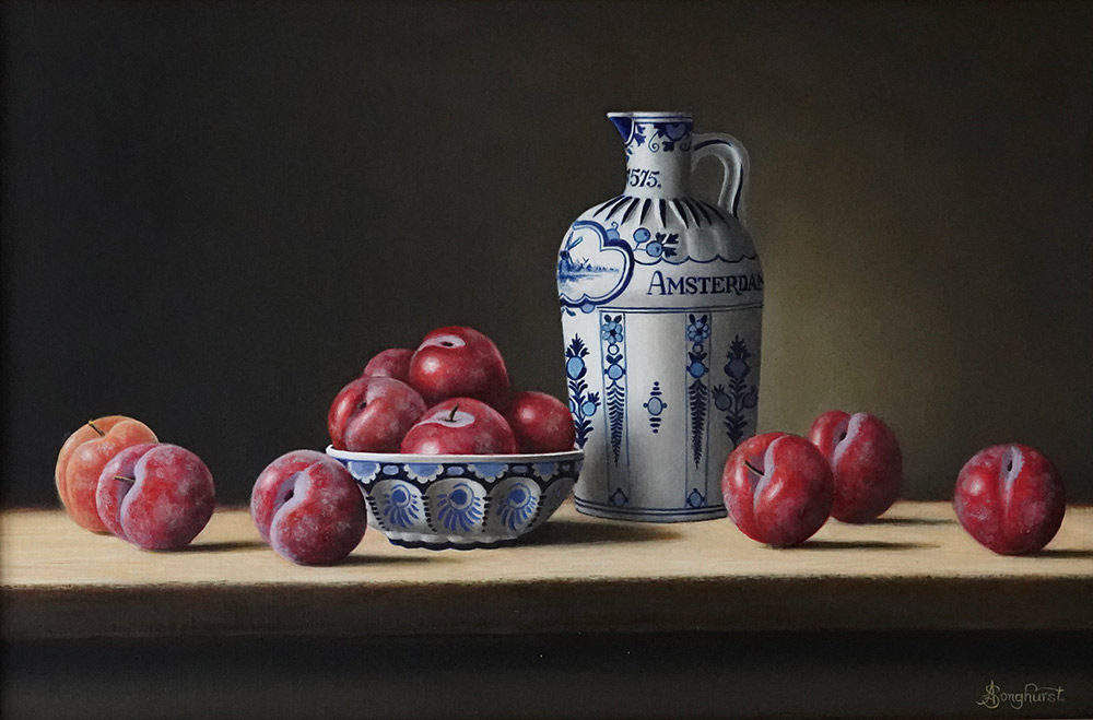 Anne Songhurst. Anne Songhurst original oil painting. A scattering of deep purple plums. A tall Delftware jug and small bowl. A heap of plums in the bowl. Anne Songhurst.