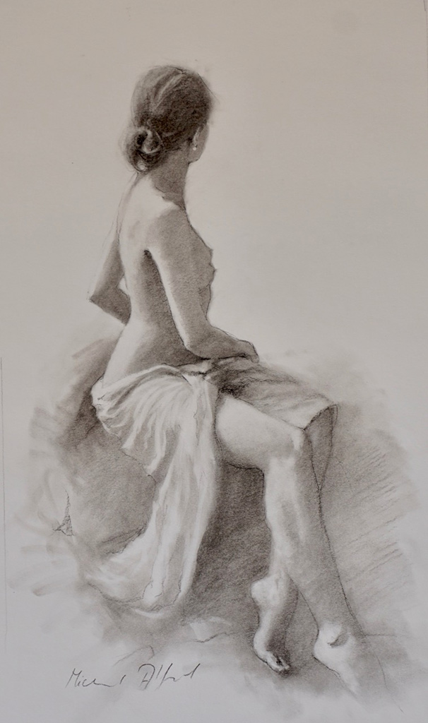 Michael Alford: Michael Alford charcoal drawing. Beautiful back view of female nude.