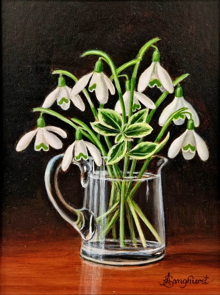 Anne Songhurst. Anne Songhurst original oil painting. Small transparent, glass jug full of white Snowdrops.