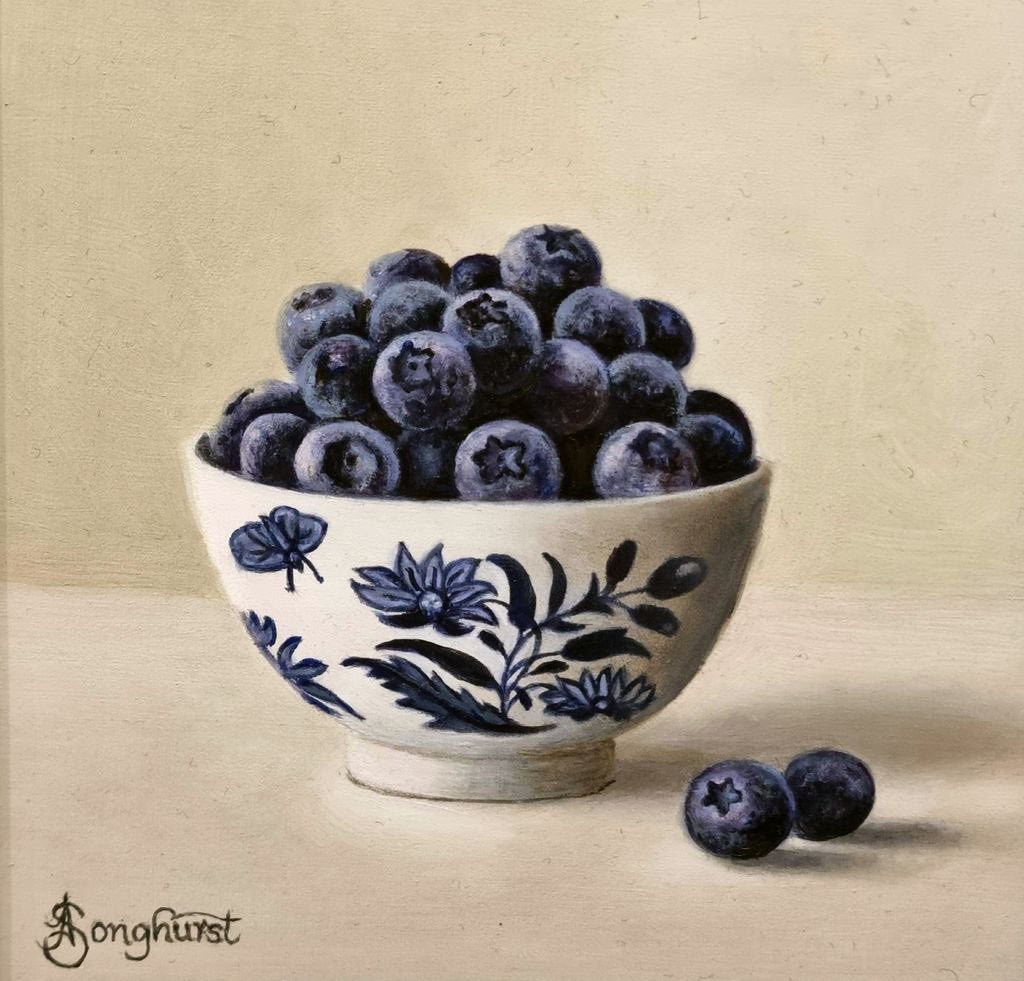 Anne Songhurst. Anne Songhurst original oil painting. Beautiful blueberries heaped in a blue and white bowl.