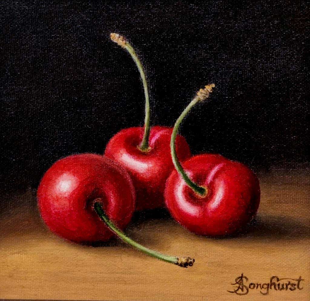 Anne Songhurst. Anne Songhurst original oil painting. Three red cherries in a group.