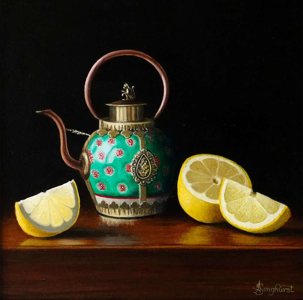 Anne Songhurst. Anne Songhurst original oil painting. Turquoise Tibetan tea pot with a ripe lemon cut into three pieces. Anne Songhurst.