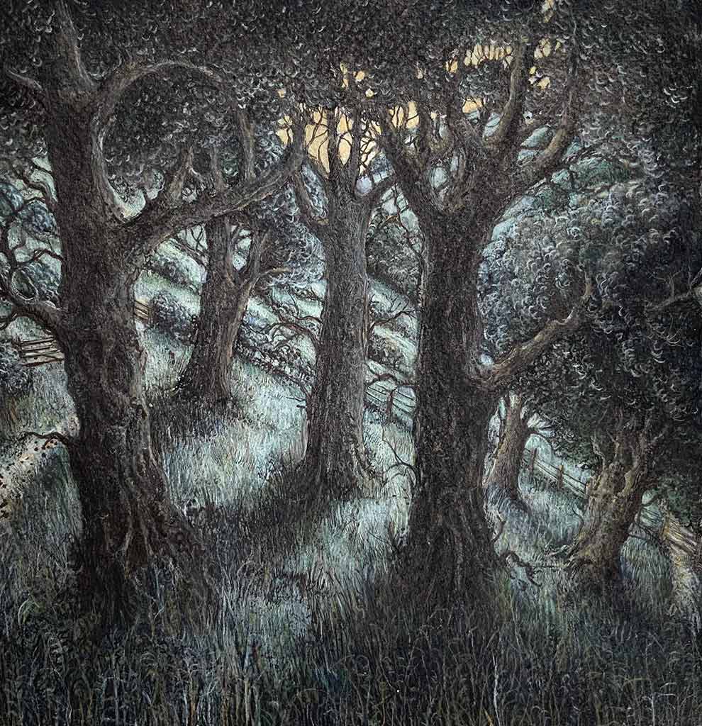 Lynda Jones. Lynda Jones beautiful ink and watercolour painting. Atmospheric woodland.