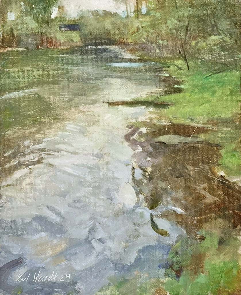 Karl Heerdt: Karl Heerdt at Norton Way Gallery Hertfordshire. Beautiful sunlit river scene. Karl Heerdt original painting.