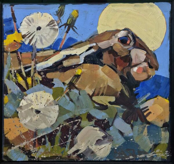 Andrew Haslen: Andrew Haslen original art at Norton Way Gallery Hertfordshire. A beautiful bright and intense painting of a Brown Hare, by moonlight.