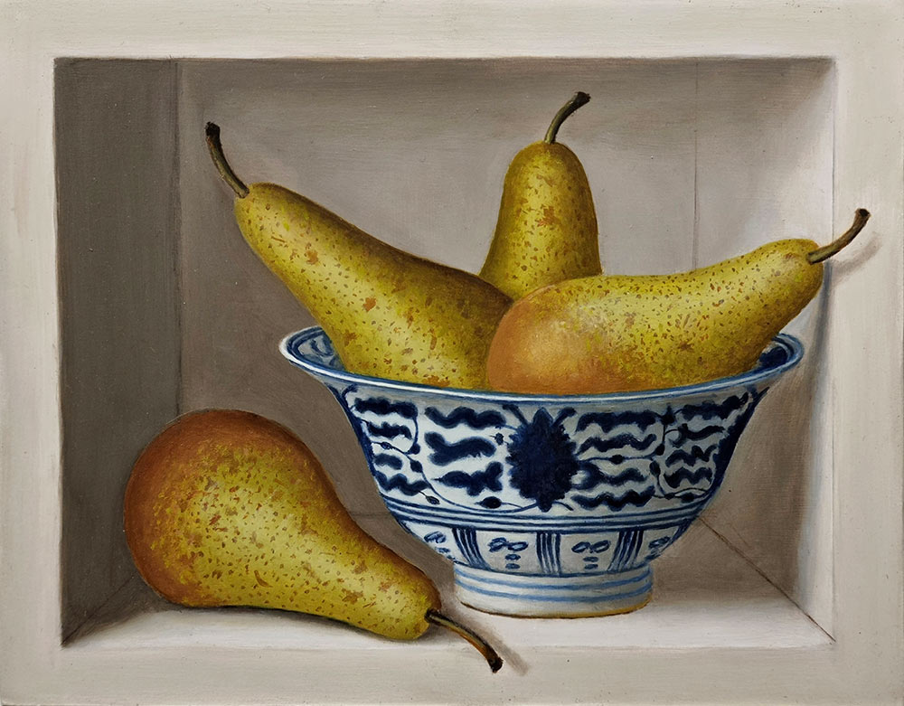 Anne Songhurst oil painting at Norton Way Gallery Hertfordshire. Ripe Conference Pears in a blue and white, Chinese Bowl.