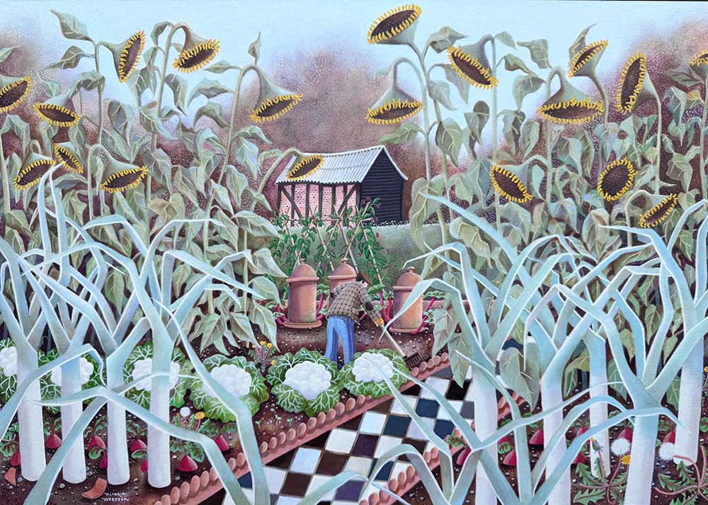 Victoria Webster at Norton Way Gallery, Hertfordshire. This original artwork by British artist, Victoria Webster is painted in oils. It depicts a gardener surrounded by terracotta cloches, rhubarb, dandelions,and foxgloves, cabbages and has a black and white diamond tiled path.