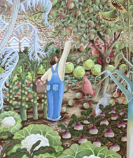 Victoria Webster: Victoria Webster at Norton Way Gallery, Hertfordshire. This original artwork by British artist, Victoria Webster is painted in acrylics. It is a Genre painting showing people and plants in everyday garden settings. It is intricate and detailed, with beautiful delicate floral and garden colours.