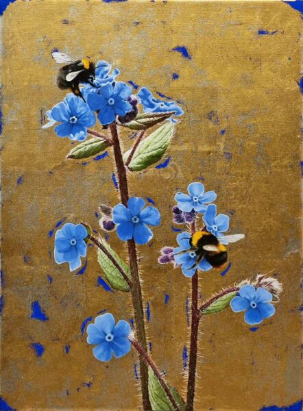 Clive Meredith at Norton Way Gallery Hertfordshire. Beautiful, original oil and gold leaf botanical painting.