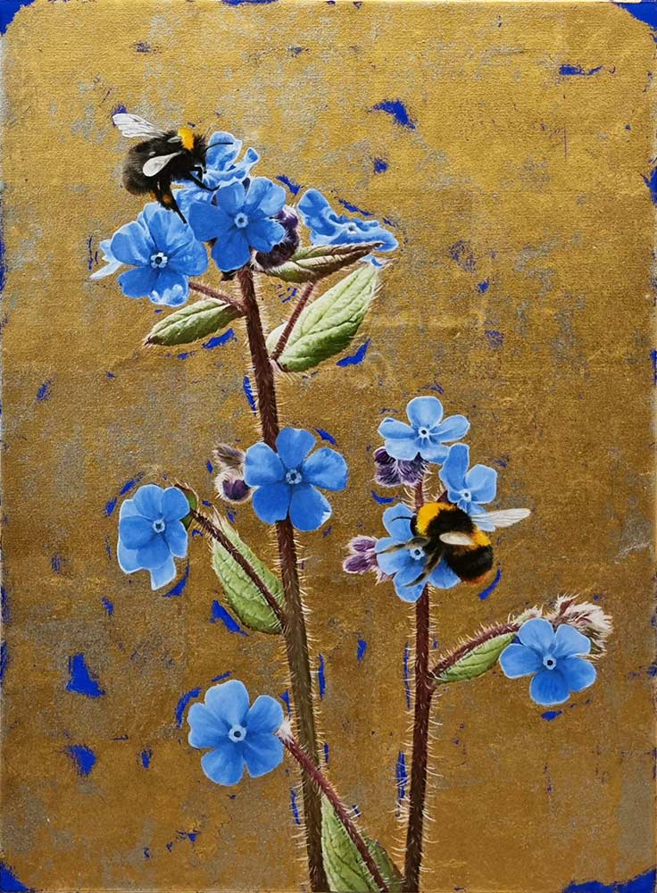 Clive Meredith at Norton Way Gallery Hertfordshire. Beautiful, original oil and gold leaf botanical painting.
