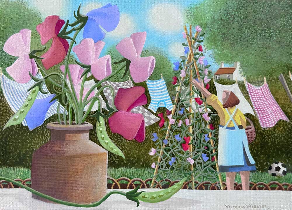 Victoria Webster: Victoria Webster at Norton Way Gallery, Hertfordshire. This original artwork by British artist, Victoria Webster is painted in acrylics. It is a Genre painting showing people and plants in everyday garden settings. It is intricate and detailed, with beautiful delicate floral and garden colours.