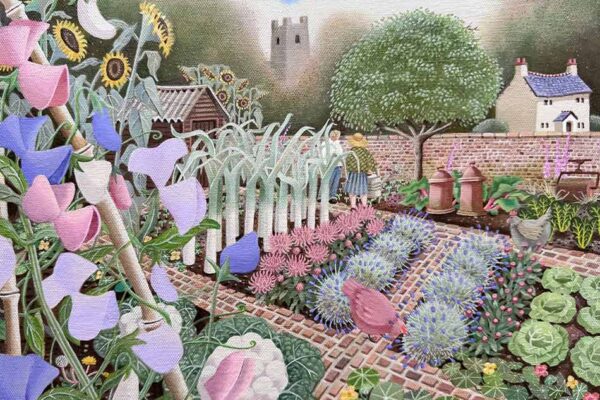 Victoria Webster: Victoria Webster at Norton Way Gallery, Hertfordshire. This original artwork by British artist, Victoria Webster is painted in acrylics. It is a Genre painting showing people and plants in everyday garden settings. It is intricate and detailed, with beautiful delicate floral and garden colours.