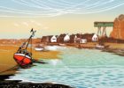 Rob Barnes at Norton Way Gallery, Hertfordshire. This original artwork by British artist, Rob Barnes is an original artist's linocut print. It depicts a harbour scene with a beached red boat.