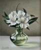 Anne Songhurst Art at Norton Way Gallery Hertfordshire. This beautiful oil painting is an original artwork by British artist Anne Songhurst. It is a still life painting, depicting a glass vase with Alstroemerias flowers. It is framed in an off white wooden frame with a very pale green, painted inner section.