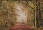 Rosalind Pierson art at Norton Way Gallery Hertfordshire. This beautiful, miniature, painting has been painted in watercolour. It is an original artwork from British artist Rosalind Pierson and depicts a person walking their dog in a woodland scene in autumn. It is framed in a gold frame.