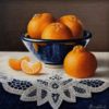Anne Songhurst Art at Norton Way Gallery Hertfordshire. This beautiful oil painting is an original artwork by artist Anne Songhurst. It depicts four Satsumas and a glazed blue bowl.