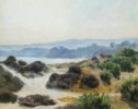 Original oil painting from Rosemary Lweis. This original artwork from Rosemary Lewis depicts sandunes and the sea. It is called Bue Haze, Studland Bay. It is exhibited at Norton Way Gallery Hertfordshire.