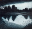 Morna Rhys: Morna Rhys at Norton Way Gallery Hertfordshire. This beautiful etching by Morna Rhys depicts a lake in the foreground. In the distance a row of tall trees are reflected in the lake. In blues and blacks, the scene is highly atmospheric. This etching is an original piece of art. It is exhibited at Norton Way Gallery Hertfordshire. It is mounted in an off white acid free card.