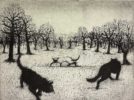 Tim Southall at Norton Way Gallery, Hertfordshire. This original artwork by British artist, Tim Southall is an original etching. It depicts three cats circling each other , in a tree lined landscape.