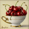 This beautiful Anne Songhurst, original oil painting is exhibited at Norton Way Gallery. It depicts a porcelain cup full of red cherries, in a simple, singal composition and is typical of an Anne Songhurst realist painting. It is exhibited at Norton Way Gallery Hertfordshire.