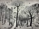Tim Southall at Norton Way Gallery, Hertfordshire. This original artwork by British artist, Tim Southall is an original etching. It depicts bears, birds, deer and people in a winter, woodland landscape.
