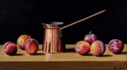 Anne Songhurst Art at Norton Way Gallery Hertfordshire. This beautiful oil painting is an original artwork by British artist Anne Songhurst. It depicts ripe plums and a shiney copper pan.