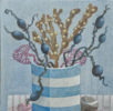 Victoria Webster at Norton Way Gallery, Hertfordshire. This original artwork by British artist, Victoria Webster is painted in oils. It depicts a blue and white striped table pot, filled with different seaweeds.