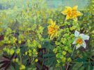 Amie Haslen; Amie Haslen has painted a beautiful spring scene of botanical art, growing wild. This artwork is painted in acrylic. The painting depicts a yellow daffodills and yellow and green Euphorbia.. It is exhibited at Norton Way Gallery Hertfordshire.
