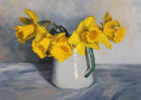 Original artwork by Rosemary Lewis. This original oil painting by Rosemary Lewis depicts stunning yellow daffodils in a white jug. It is exhibited at Norton Way Gallery Hertfordshire. Its framed in a simple, contemporary off white frame.