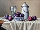 Anne Songhurst Art at Norton Way Gallery Hertfordshire. This beautiful oil painting is an original artwork by artist Anne Songhurst. It depicts a group of plums with a Delft bowl.