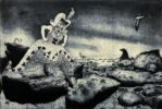 Tim Southall at Norton Way Gallery, Hertfordshire. This original artwork by British artist, Tim Southall is an original etching. It depicts a drag queen balancing on a rock, on the sea shore.