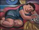Liz Ridgway at Norton Way Gallery Hertfordshire. This oil painting from Liz Ridgway depicts a glamerous lady, reclining on her sofa, with her cat. This artwork is an oil painting and is distinctive of all Liz Ridgway original artwork.
