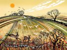Rob Barnes at Norton Way Gallery, Hertfordshire. This original wildlife artwork by British artist, Rob Barnes is an original artist's linocut print. It depicts a field hares running.